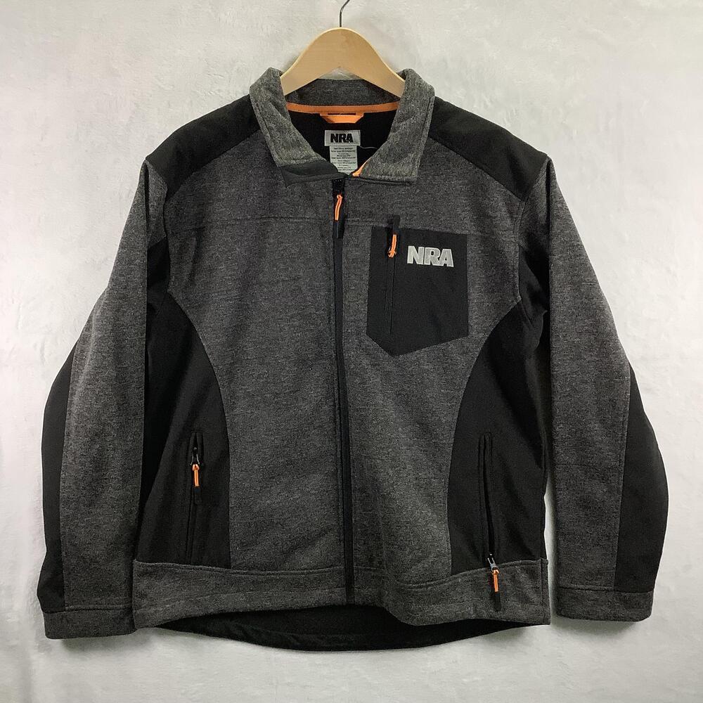 NRA Jacket Mens Medium Gray Black Soft Shell Full Zip Outdoor Hunting Casual